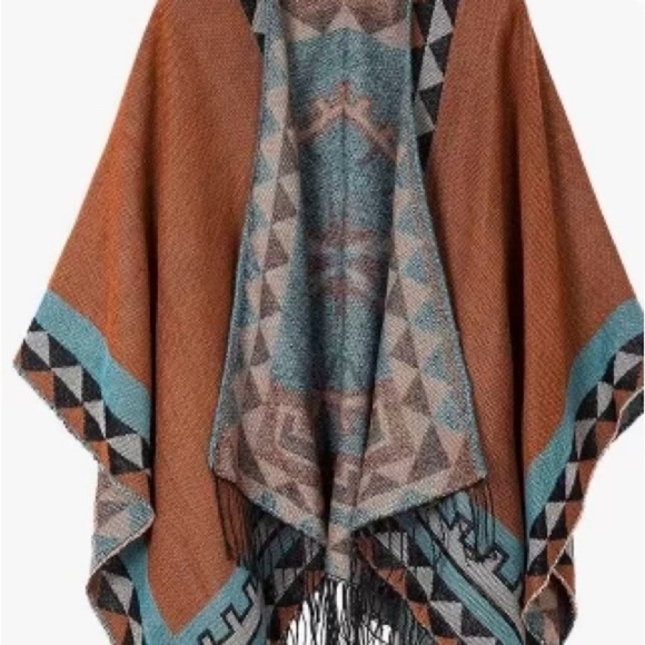 Kollie Moore Women’s Printed Tassel Open front Poncho Cape Cardigan Wrap Shawl - Picture 8 of 10
